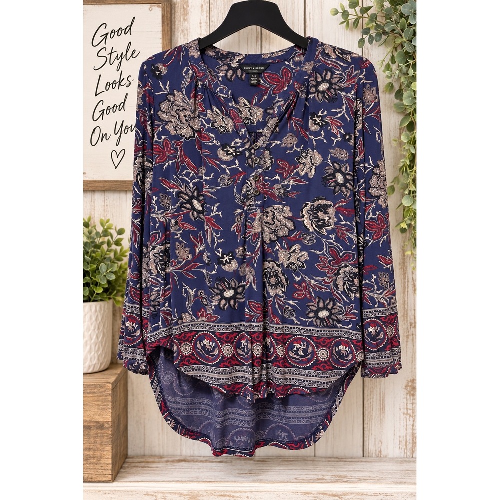 Lucky Brand Floral Paisley High Low Blouse Navy Blue Red Small